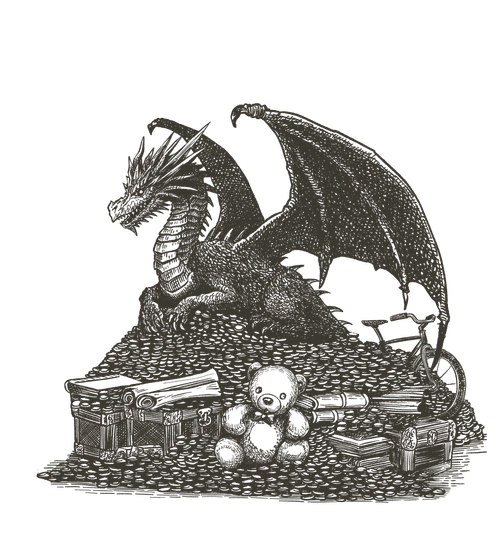 Illustration of a dragon guarding treasures, including gold, a teddy bear, books, and a bicycle.