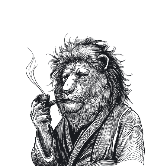 Illustration of a lion smoking a pipe, dressed in a robe, with a contemplative expression.